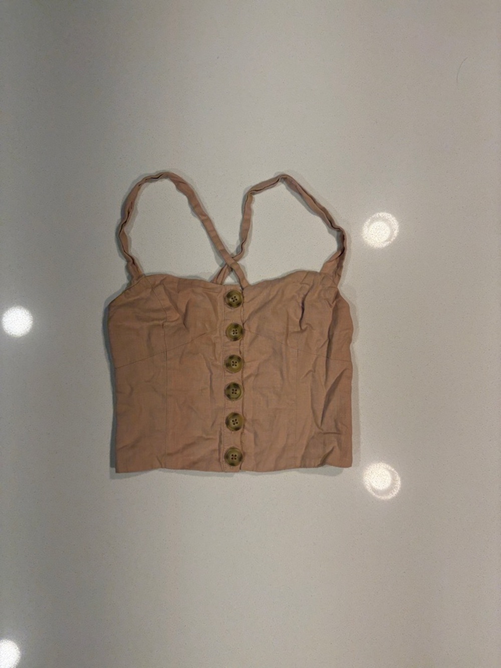 Urban Outfitters Button-Front Crop Top in pink-blush color.